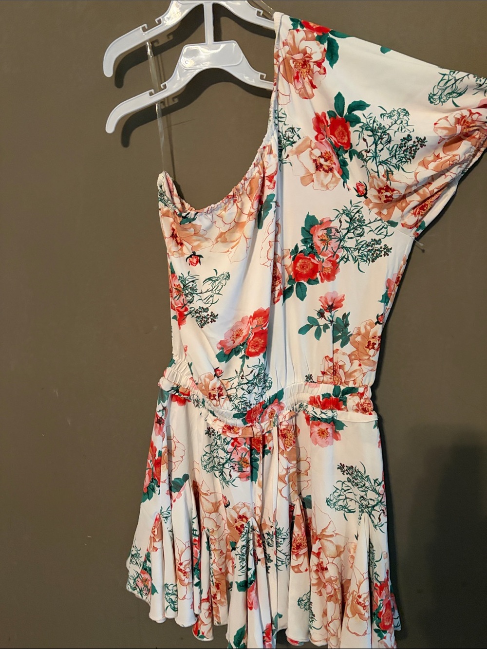 entro White One-Shoulder Floral Dress with Pink & Green Accents